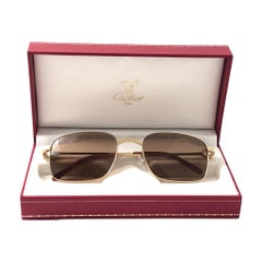 New Cartier 56 20mm Brushed Gold Plated Brown Lenses Sunglasses Made in France