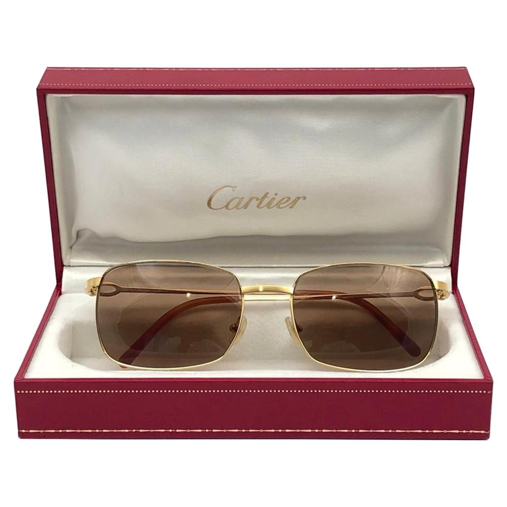 New Cartier 56mm Brushed Gold Plated Brown Lenses Sunglasses Made in France