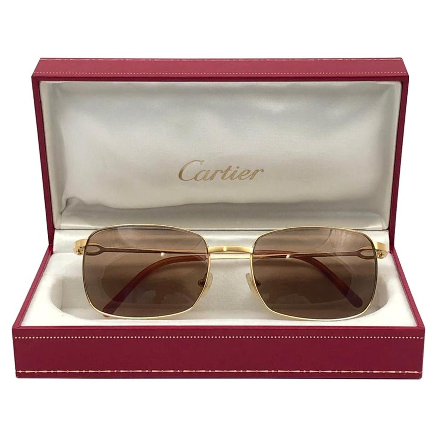 New Cartier 56mm Brushed Gold Plated Brown Lenses Sunglasses Made in France  at 1stDibs