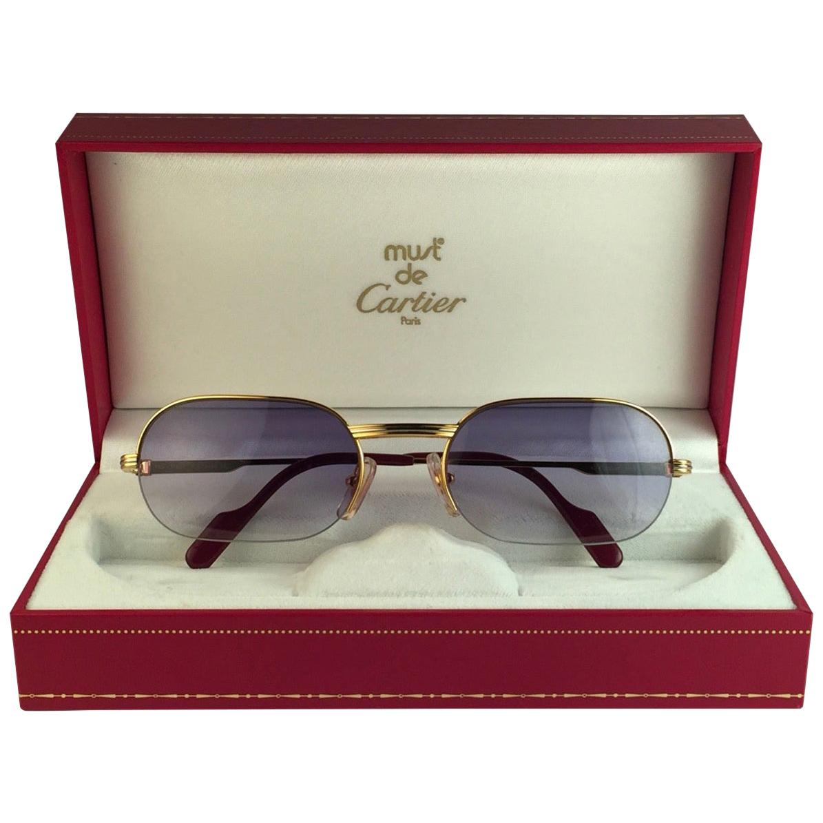 New Cartier Ascot Vendome Gold 53mm Half Frame Sunglasses Elton John France