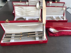 New Cartier Boxed Silverware Set Signed, Fork Knife Spoon in Silver Gold Trinity