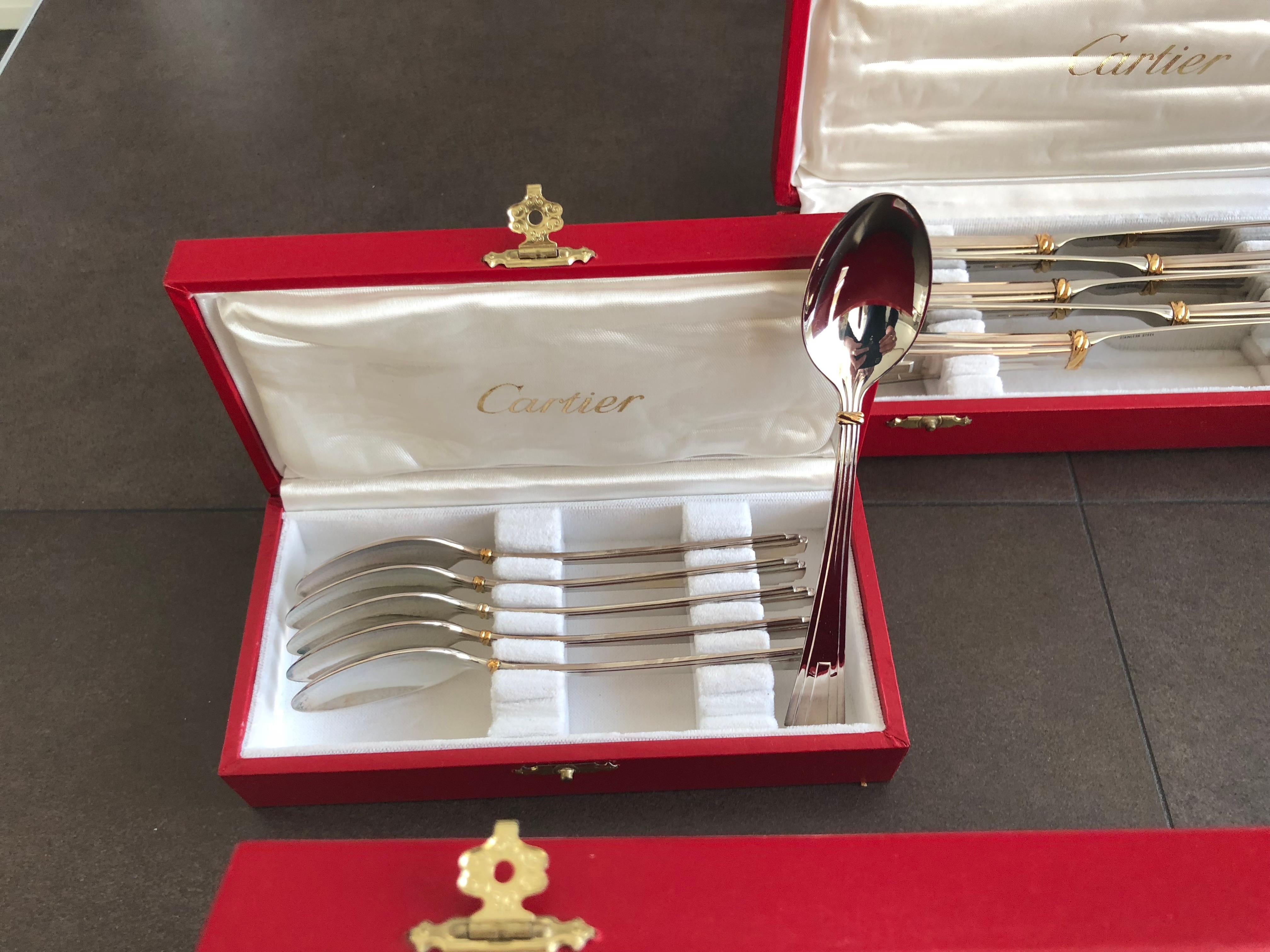 New Cartier Boxed Silverware Set Signed, Fork Knife Spoon in Silver Gold Trinity In Excellent Condition In Boulogne Billancourt, FR