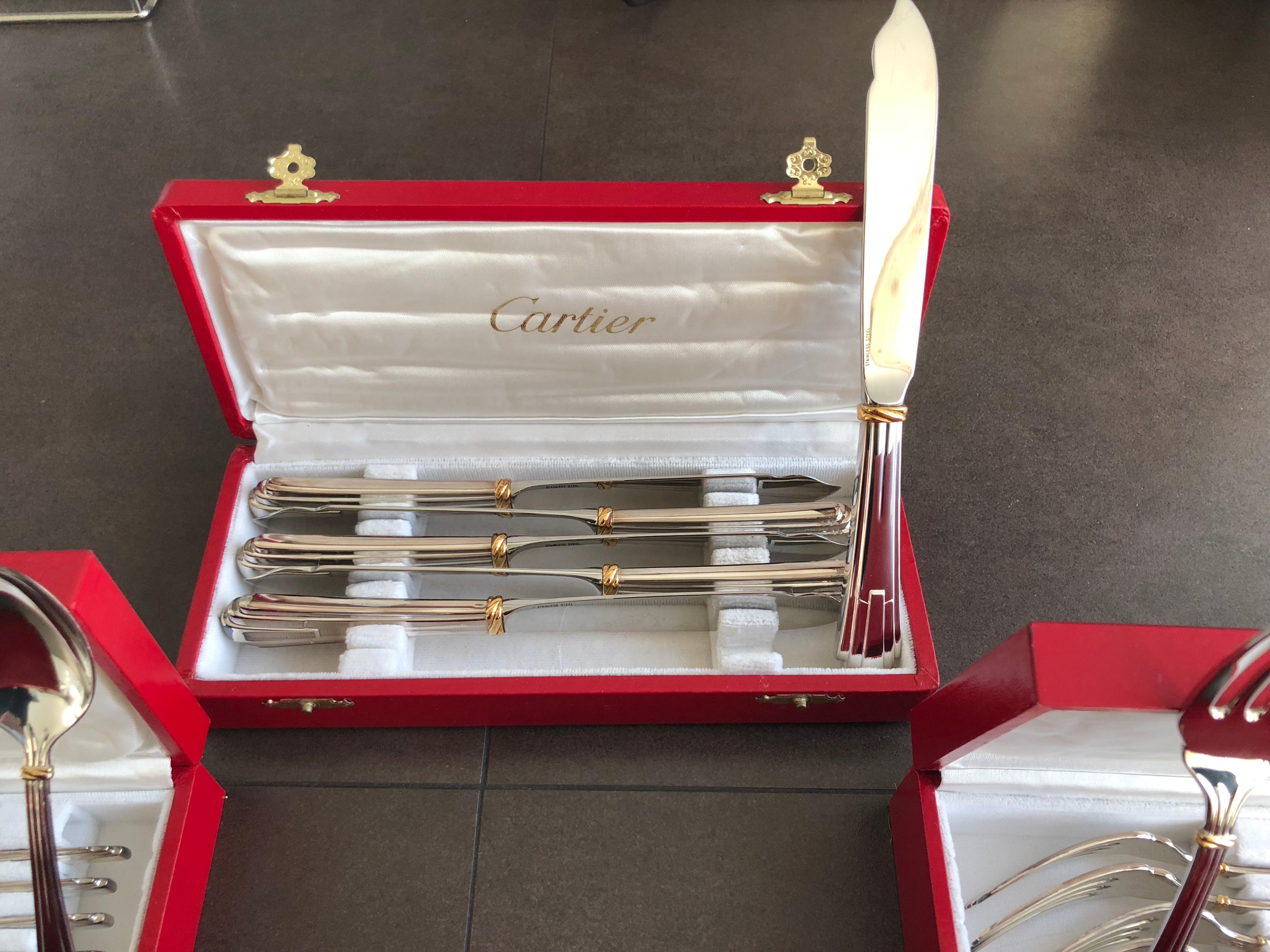 20th Century New Cartier Boxed Silverware Set Signed, Fork Knife Spoon in Silver Gold Trinity