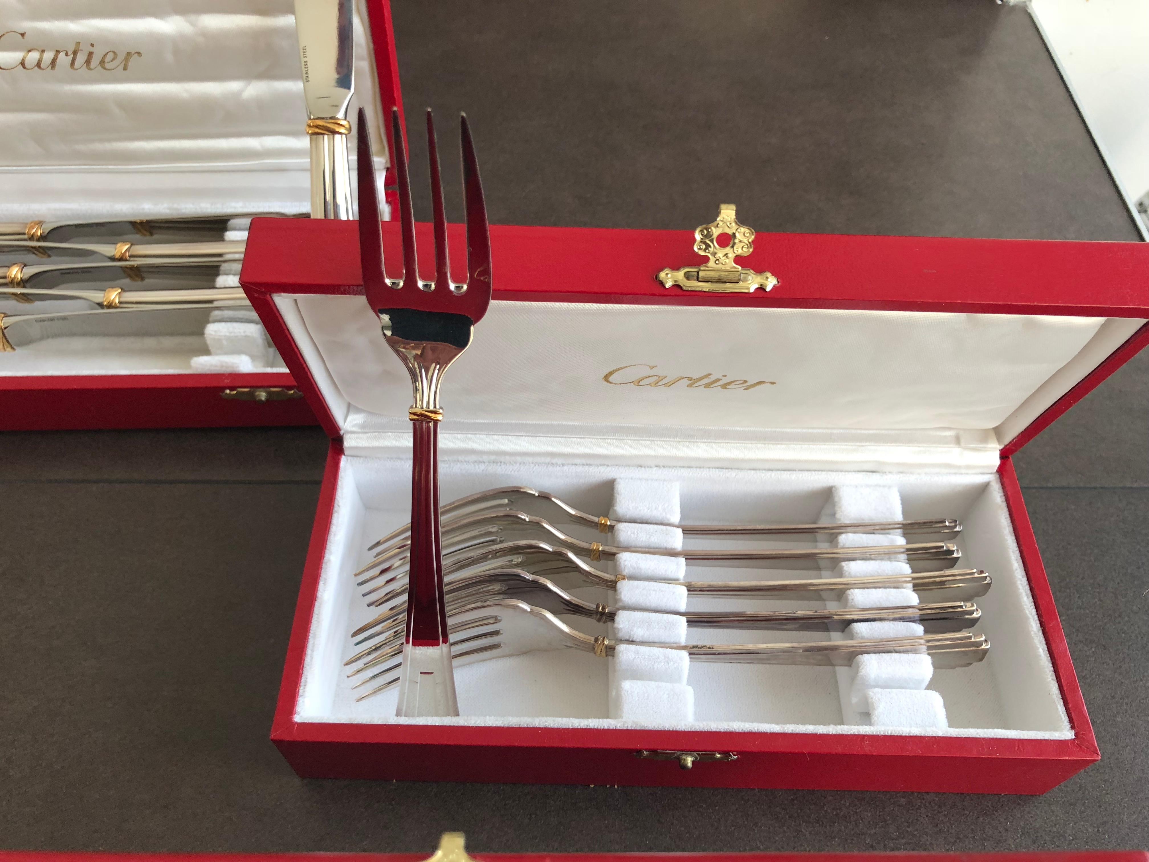 New Cartier Boxed Silverware Set Signed, Fork Knife Spoon in Silver Gold Trinity 1