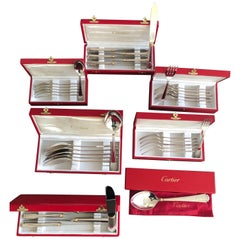 New Cartier Boxed Silverware Set Signed, Fork Knife Spoon in Silver Gold Trinity
