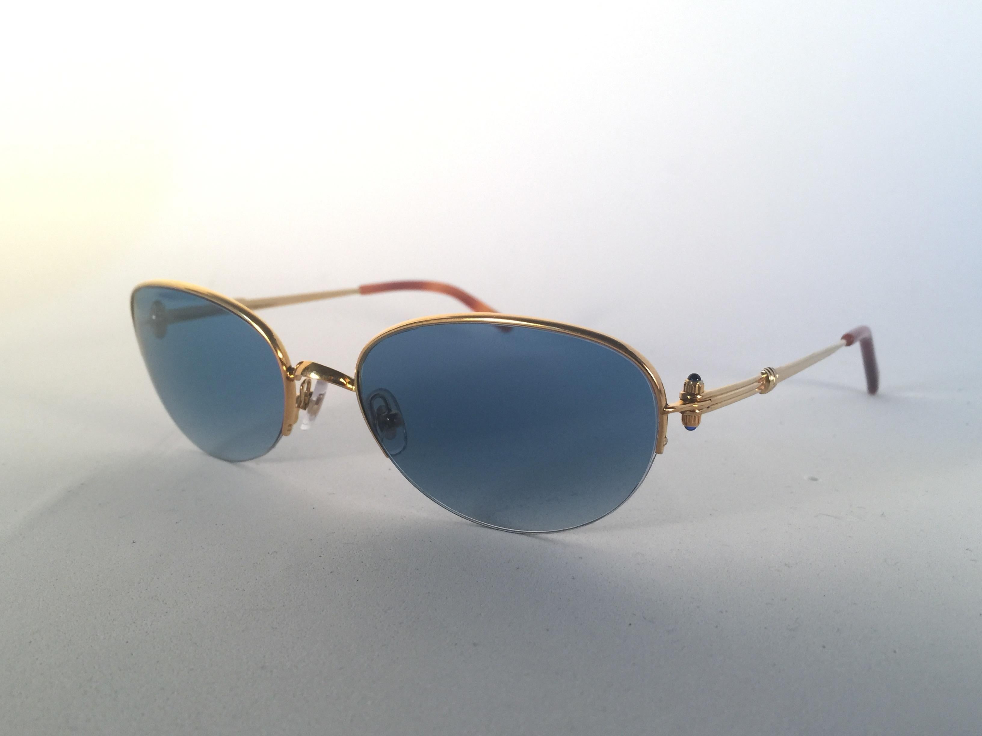 Women's or Men's New Cartier Cabochon Half Frame 54mm Sunglasses 18k Gold Sunglasses France