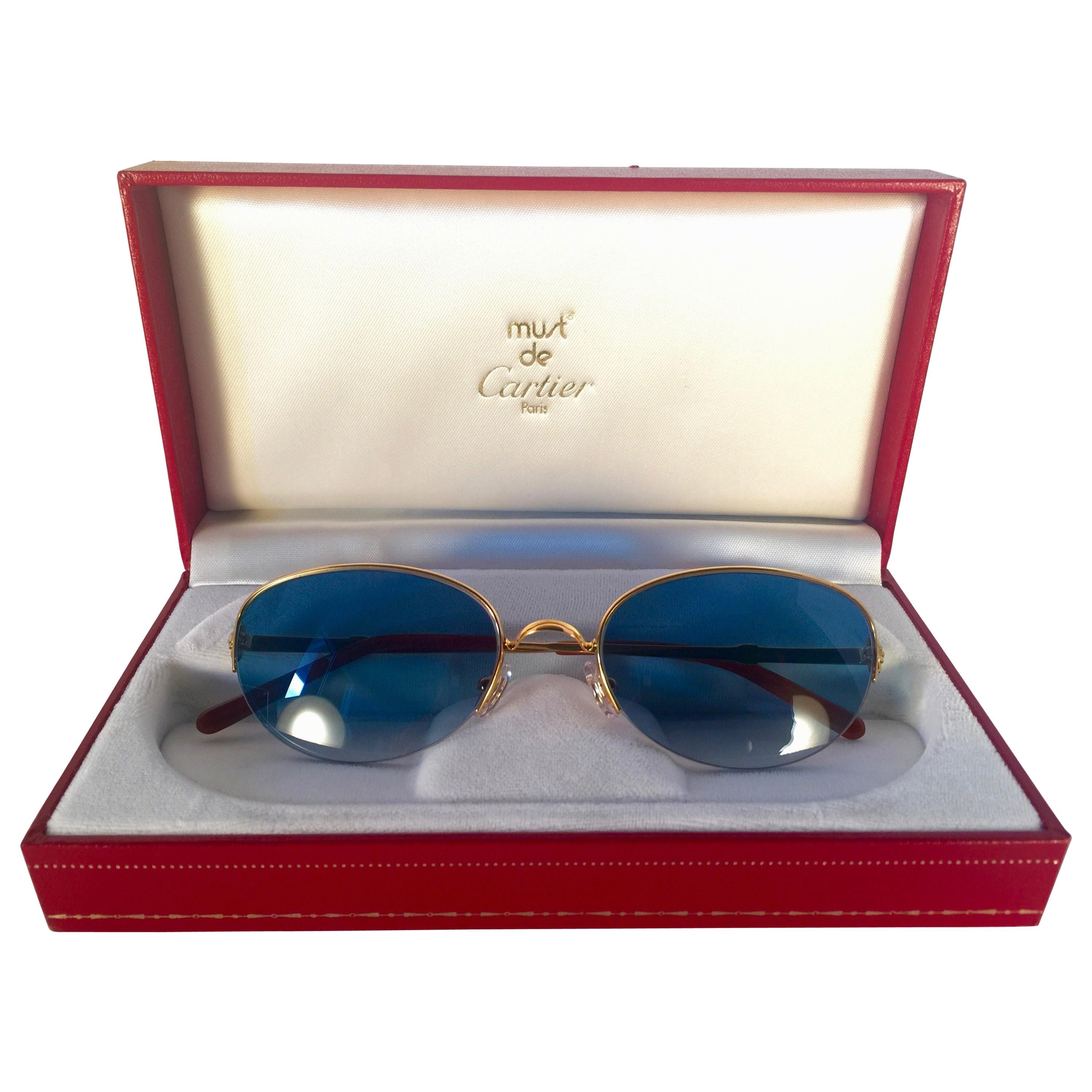 New Cartier Cabochon Half Frame 54mm Sunglasses 18k Gold Sunglasses France For Sale