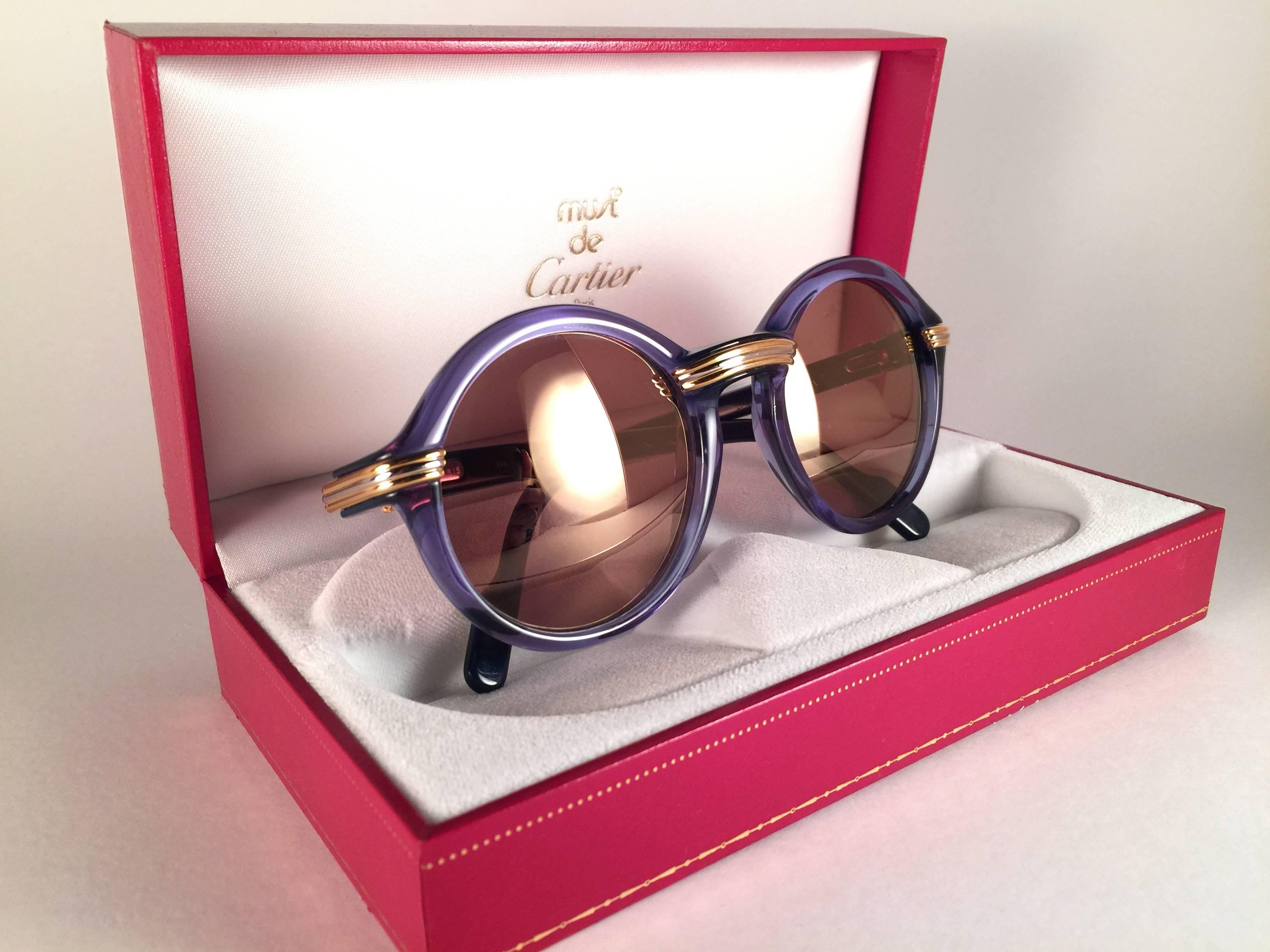 Pink New Cartier Cabriolet Round Translucent Blue & Gold 49MM 18K Sunglasses France