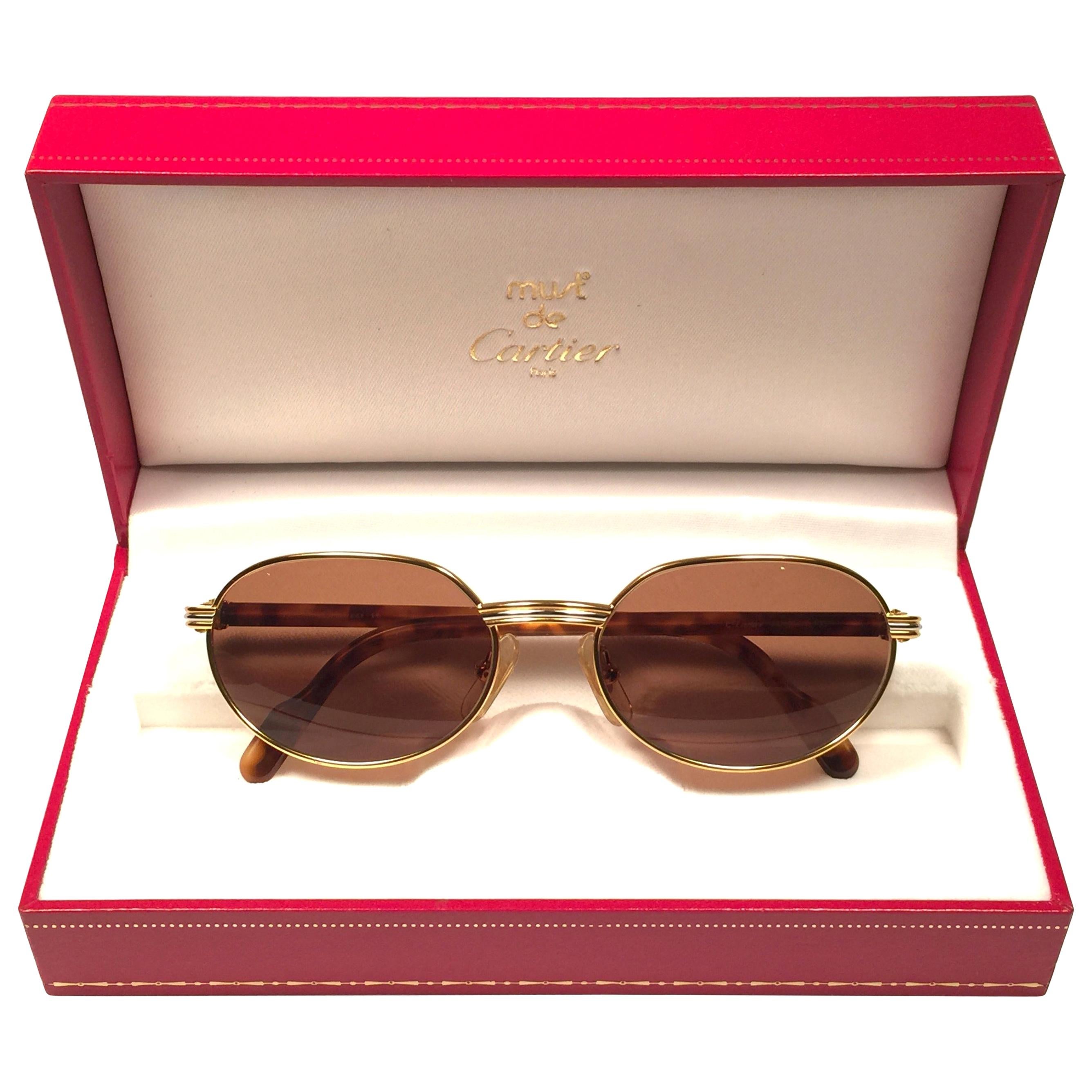 New Cartier Classic Oval Lueur 51mm Gold Plated Sunglasses Made in France