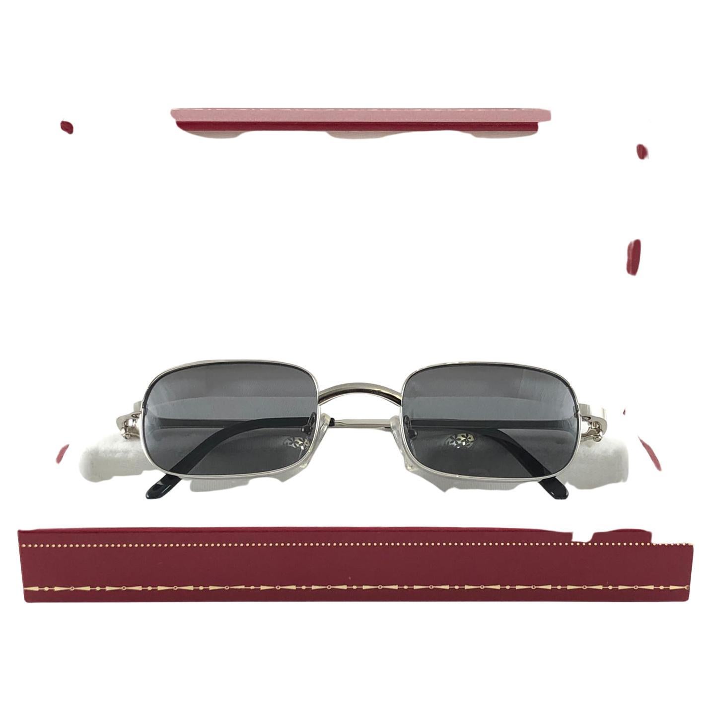 New Cartier Dreamer platiniert mit grau  (UV-Schutz) Linsen. 
 Alle Markenzeichen. Cartier-Goldzeichen auf den Ohrpolstern. Mit der Fassung aus 18 Karat Gold und den Akzenten aus Weißgold sind sie wie ein Schmuckstück auf der Nase. 

Schönes Design