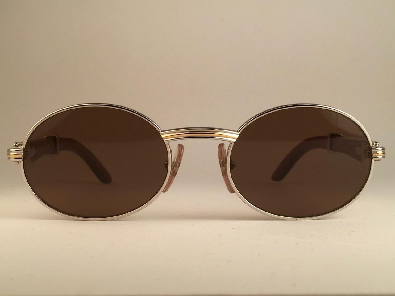 Beige New Cartier Giverny Full Platine & Wood 51/20 Brown Lenses France Sunglasses