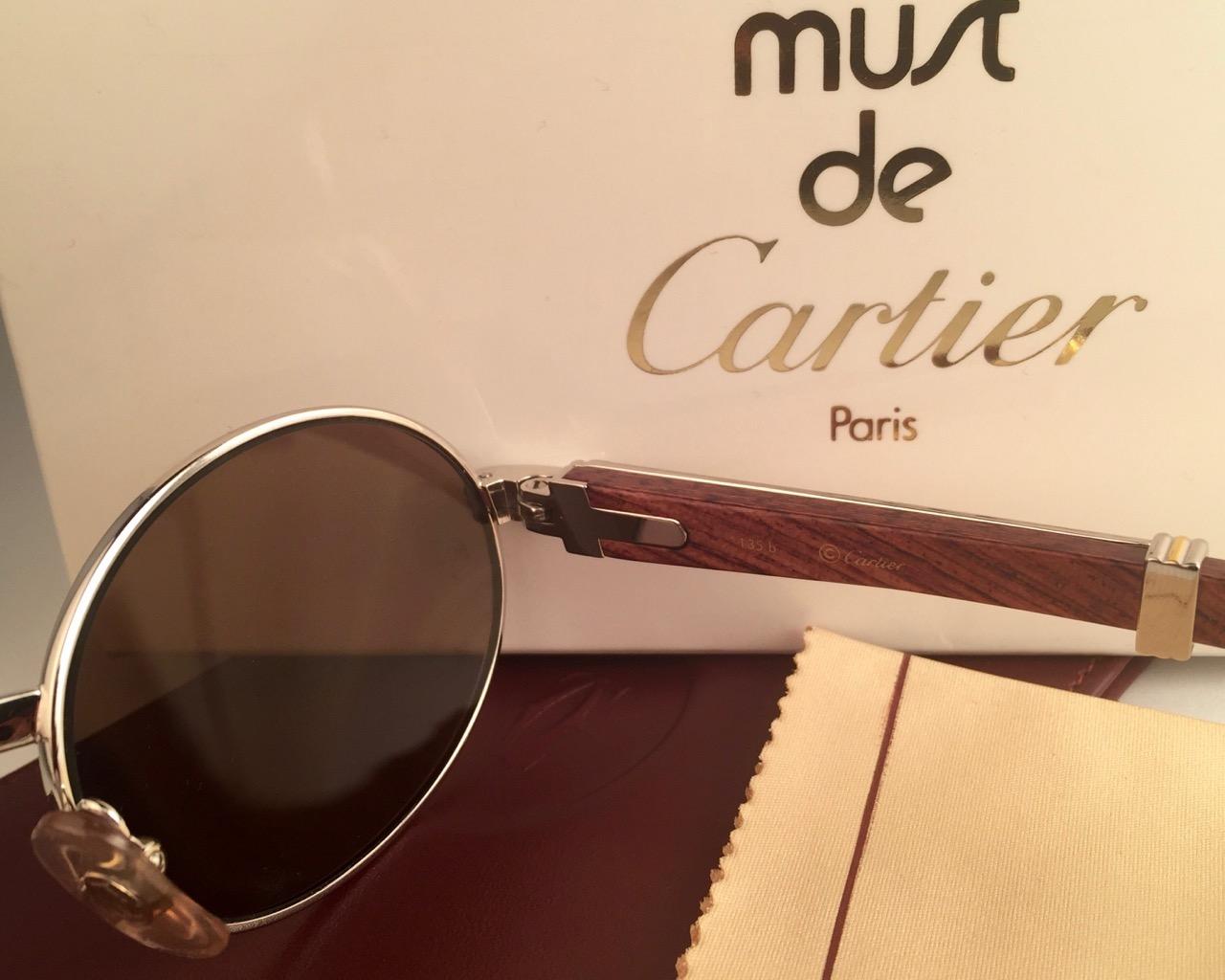 New Cartier Giverny Full Platine & Wood 51/20 Brown Lenses France Sunglasses In New Condition In Baleares, Baleares