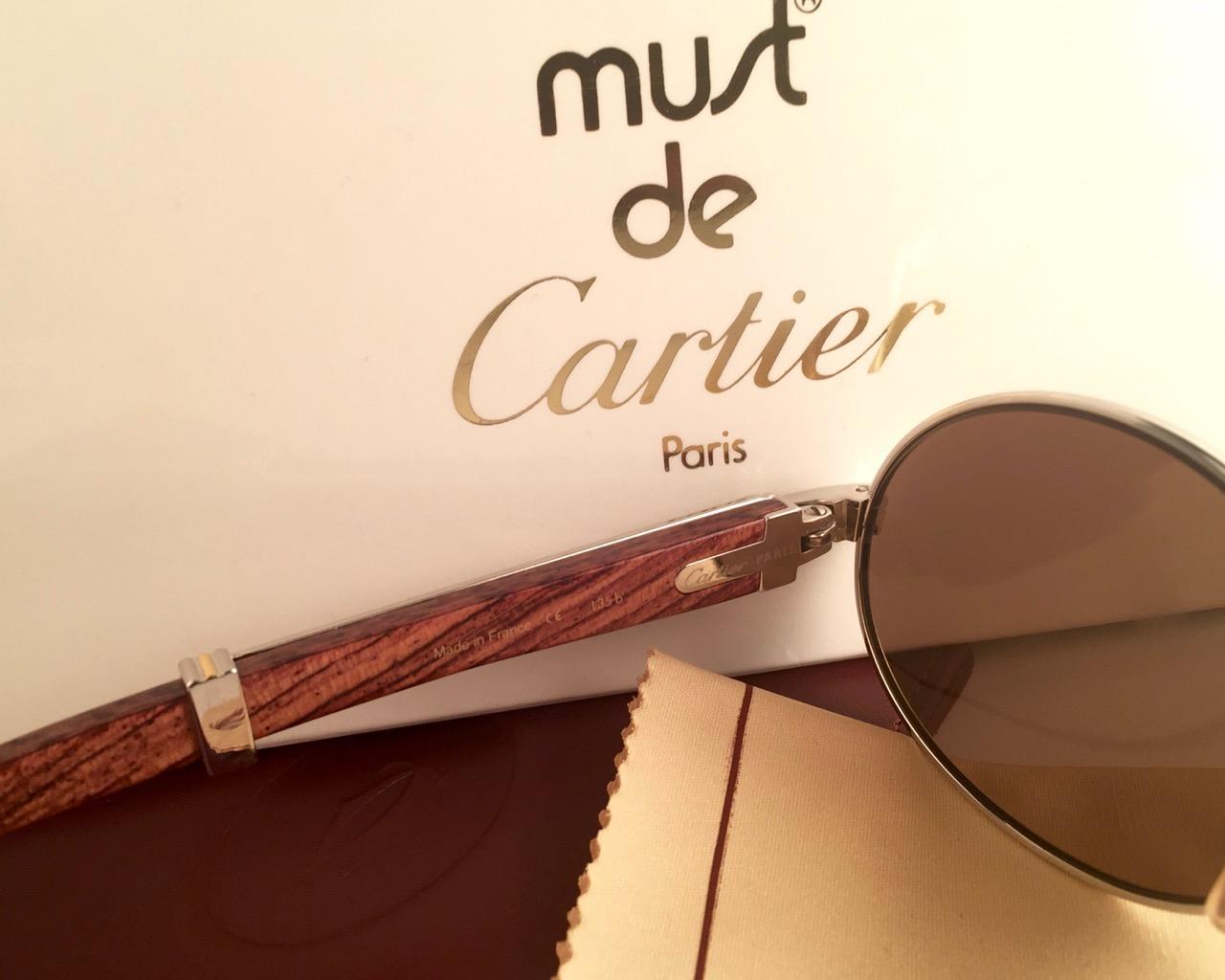 Women's or Men's New Cartier Giverny Full Platine & Wood 51/20 Brown Lenses France Sunglasses