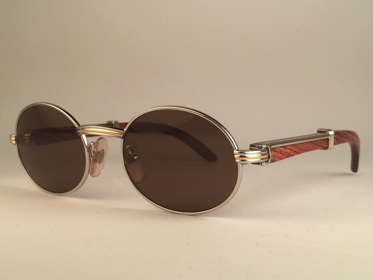 New Cartier Giverny Full Platine & Wood 51/20 Brown Lenses France Sunglasses 2