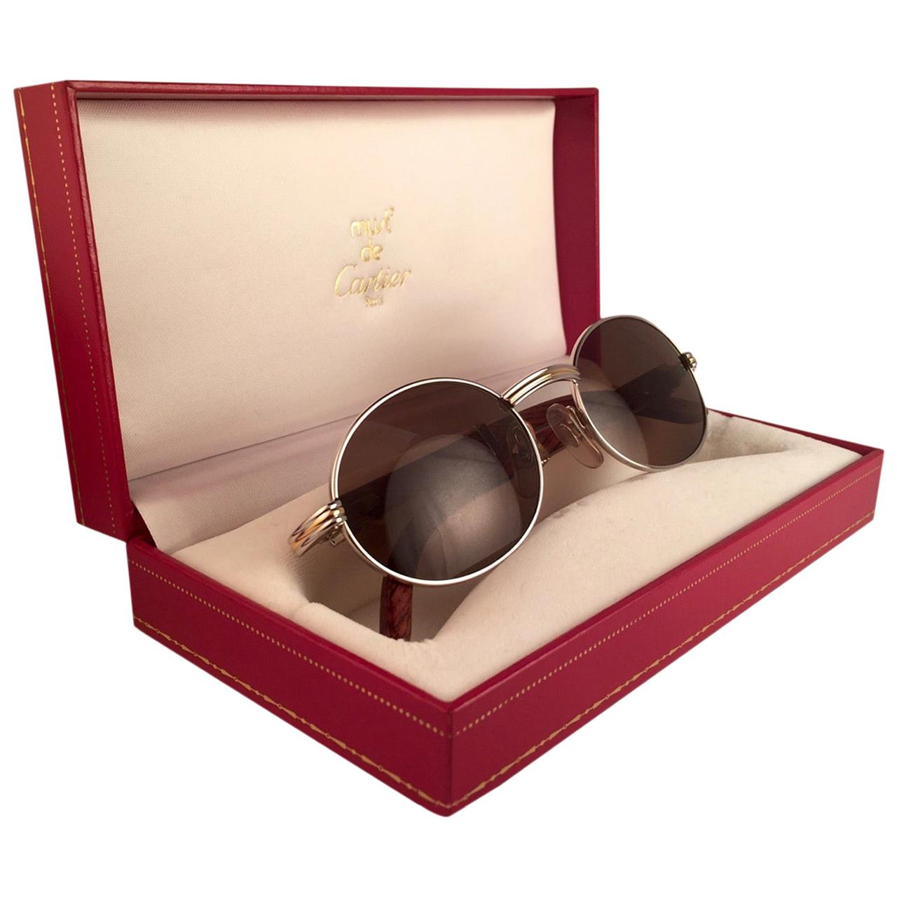 New Cartier Giverny Full Platine & Wood 51/20 Brown Lenses France Sunglasses