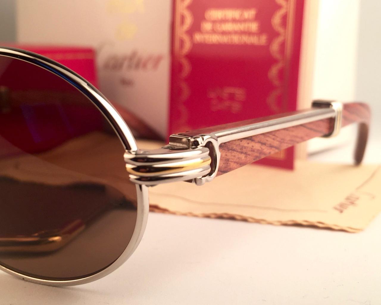 New Cartier Giverny Full Platine and Wood 53/22 Brown Lenses France  Sunglasses at 1stDibs