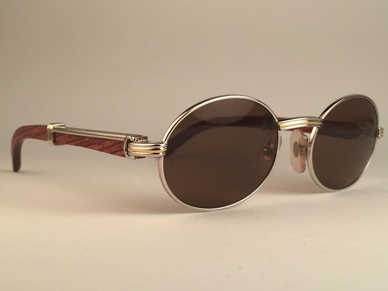 New Cartier Giverny Full Platine & Wood 53/22 Brown Lenses France Sunglasses In New Condition In Baleares, Baleares