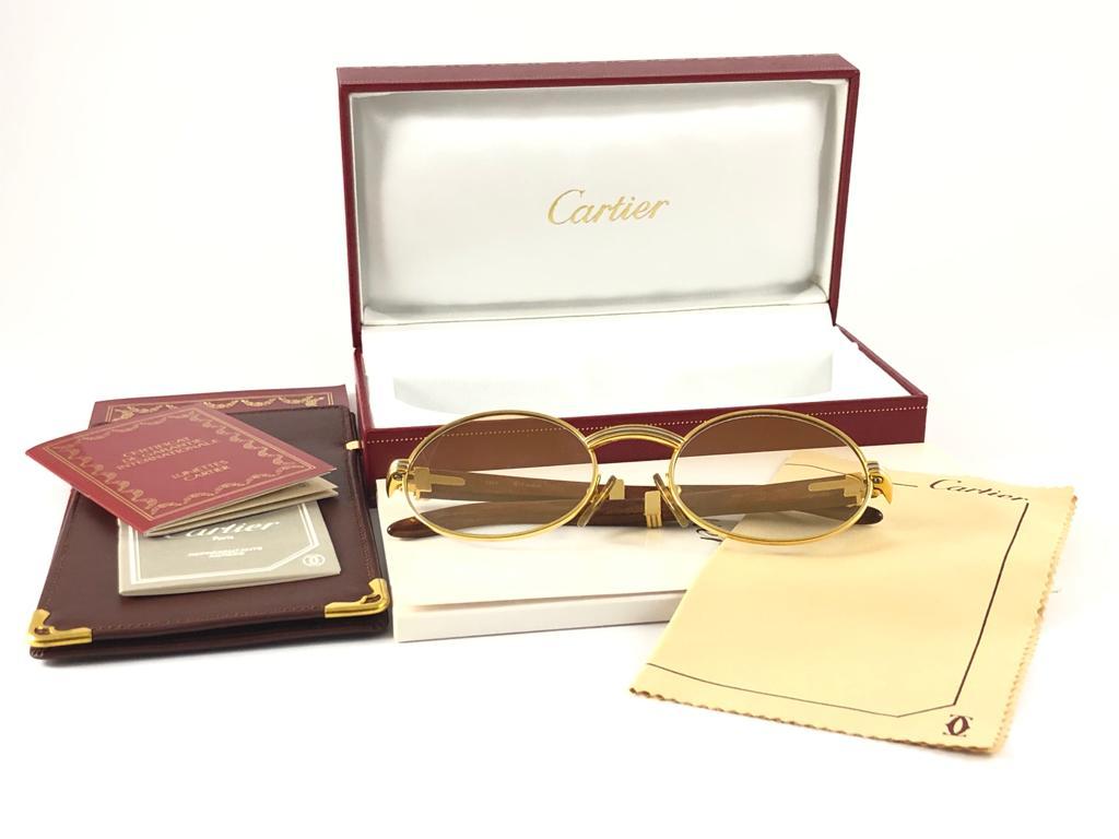 New Cartier Giverny Gold and Wood Large 51/20 Gradient Brown Lens Sunglasses In Excellent Condition In Baleares, Baleares