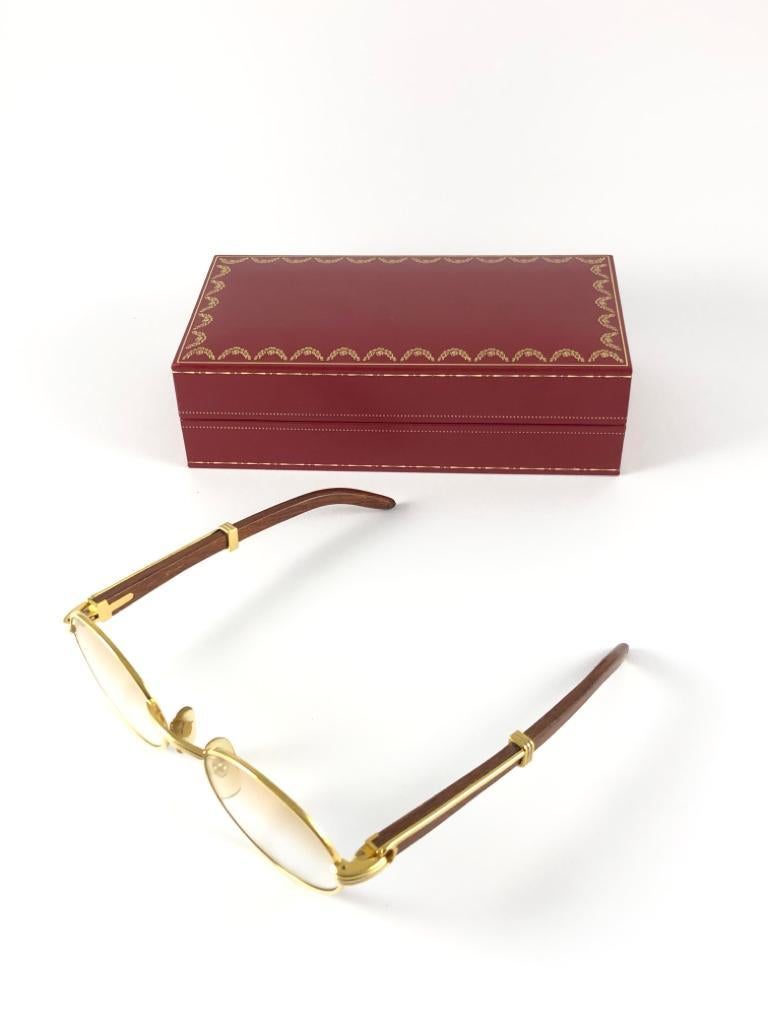 New Cartier Giverny Gold and Wood Large 51/20 Gradient Brown Lens Sunglasses In New Condition In Baleares, Baleares