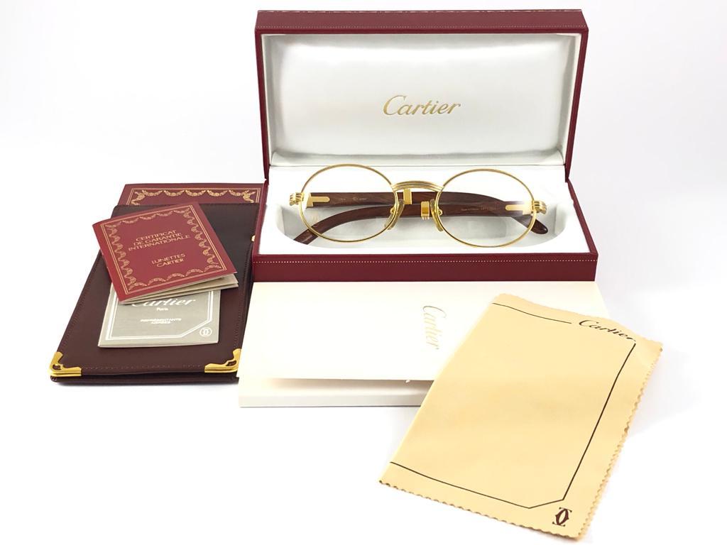 White New Cartier Giverny Gold and Wood Large 51/20 Original Demo Lens Sunglasses