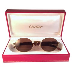 Vintage New Cartier Giverny Gold and Wood Large 53/22 Full Set Brown Lens Sunglasses