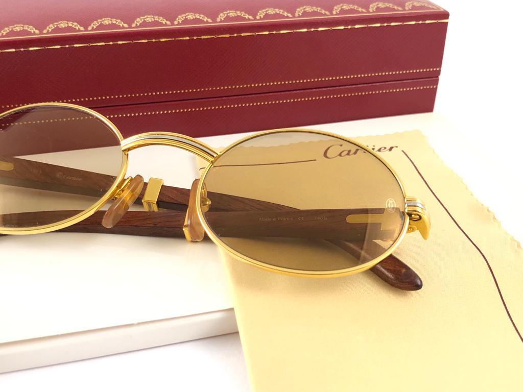 Women's or Men's New Cartier Giverny Gold and Wood Large 53/22 Full Set Original Lens Sunglasses