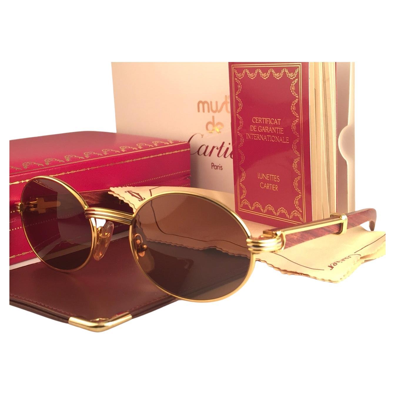 New Cartier Giverny Gold & Wood 51/20 Full Set Brown Lens France Sunglasses For Sale