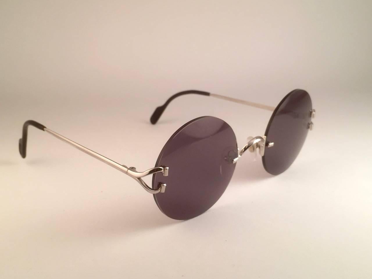Gray New Cartier Madison Round Rimless Brushed Platine Grey Lens Sunglasses For Sale