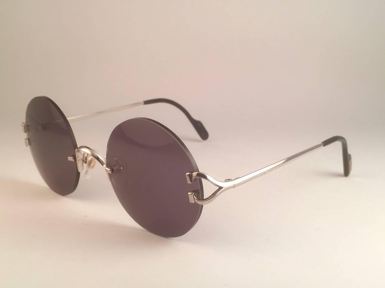 New Cartier Madison Round Rimless Brushed Platine Grey Lens Sunglasses In New Condition For Sale In Baleares, Baleares
