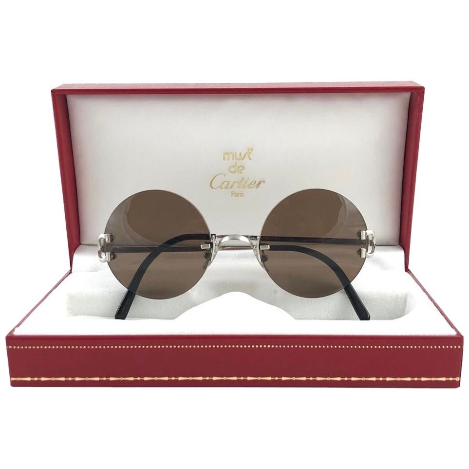 New Cartier Madison Round Rimless Brushed Platine Grey Lens Sunglasses For Sale