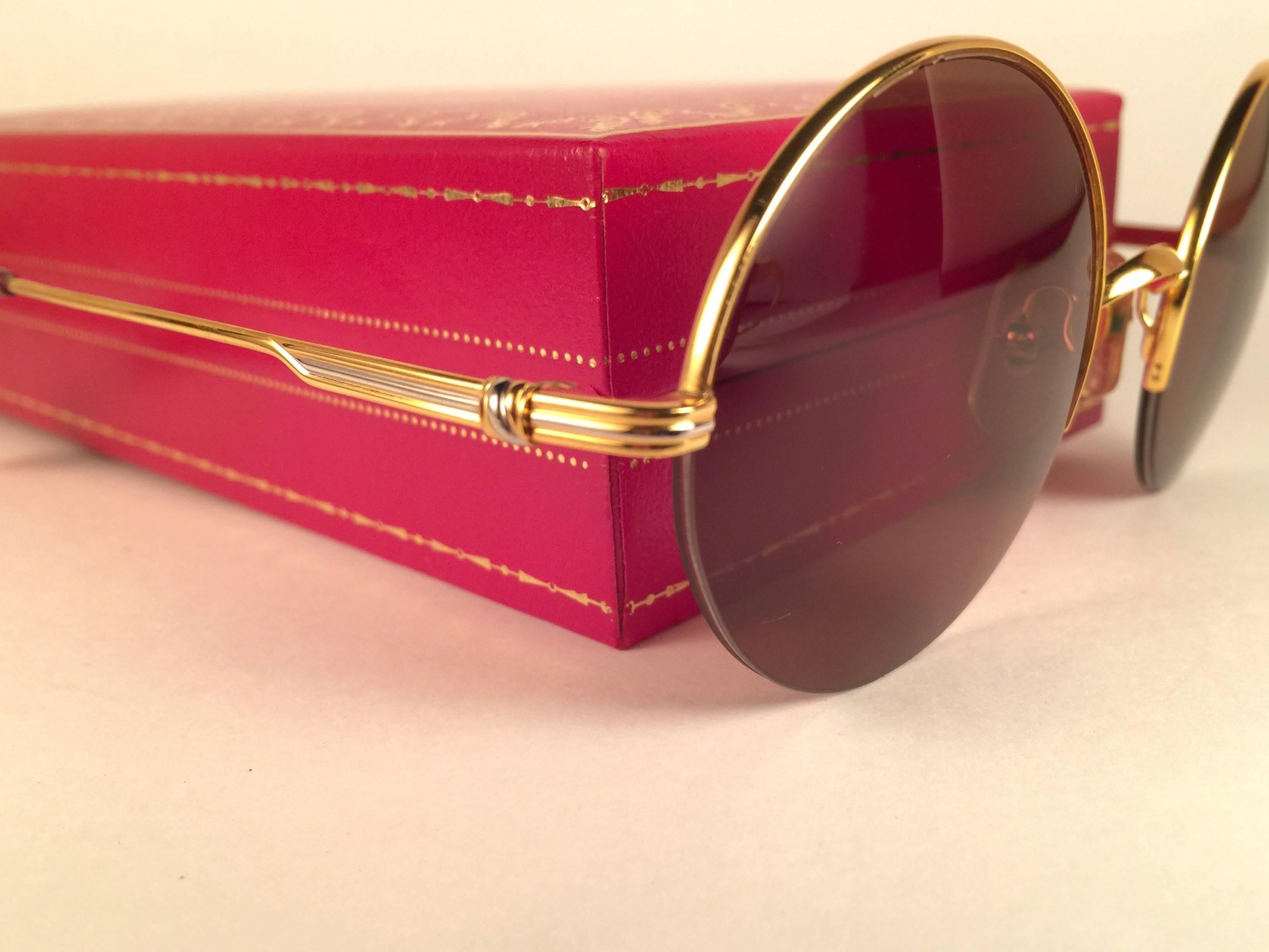 Beige New Cartier Mayfair Round Half Frame Gold 45mm Brown Lens France Sunglasses