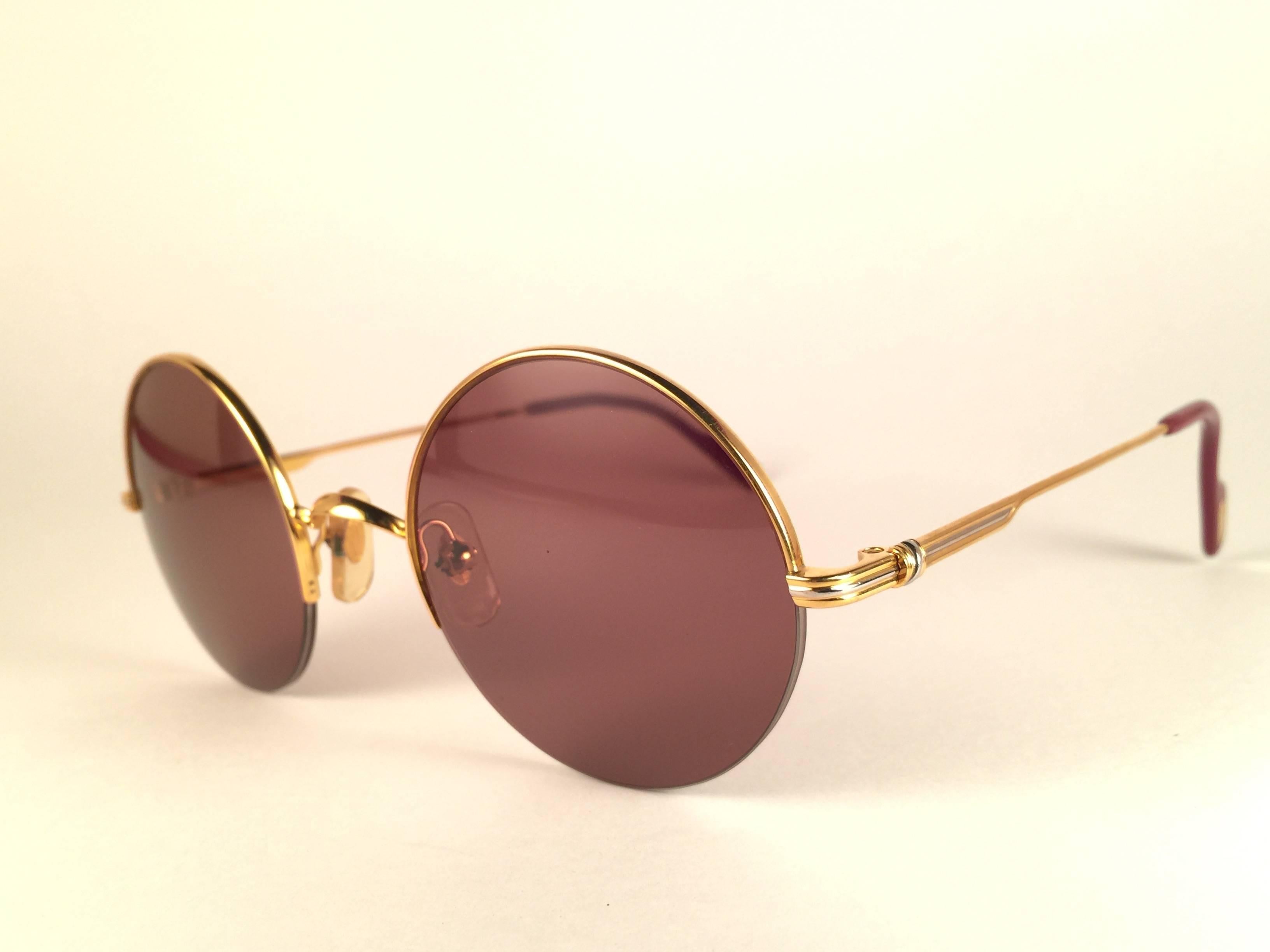 Beige New Cartier Mayfair Round Half Frame Gold 47mm Brown Lens France Sunglasses