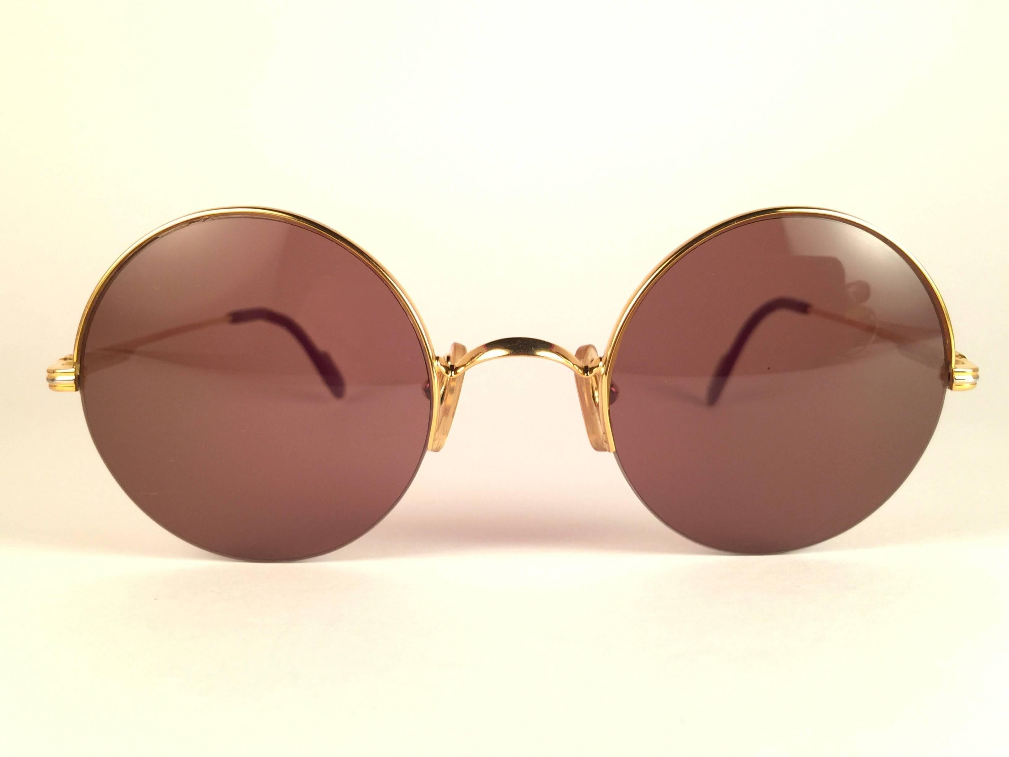 New Cartier Mayfair Round Half Frame Gold 47mm Brown Lens France Sunglasses In New Condition In Baleares, Baleares