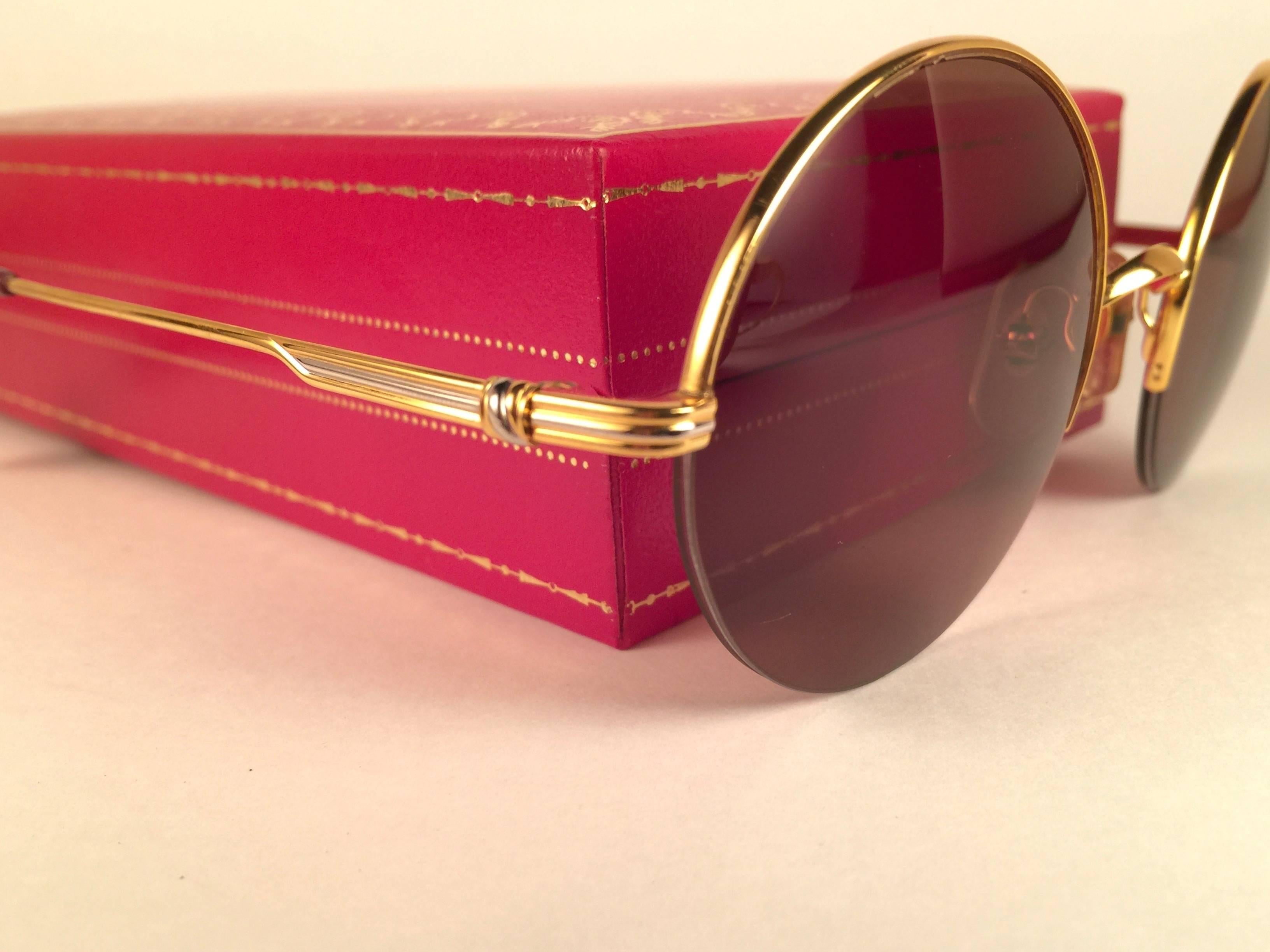 Beige New Cartier Mayfair Round Half Frame Gold 47mm Brown Lens France Sunglasses