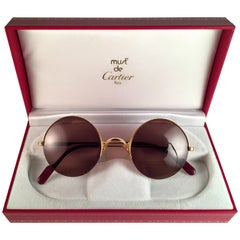 Retro New Cartier Mayfair Round Half Frame Gold 47mm Brown Lens France Sunglasses