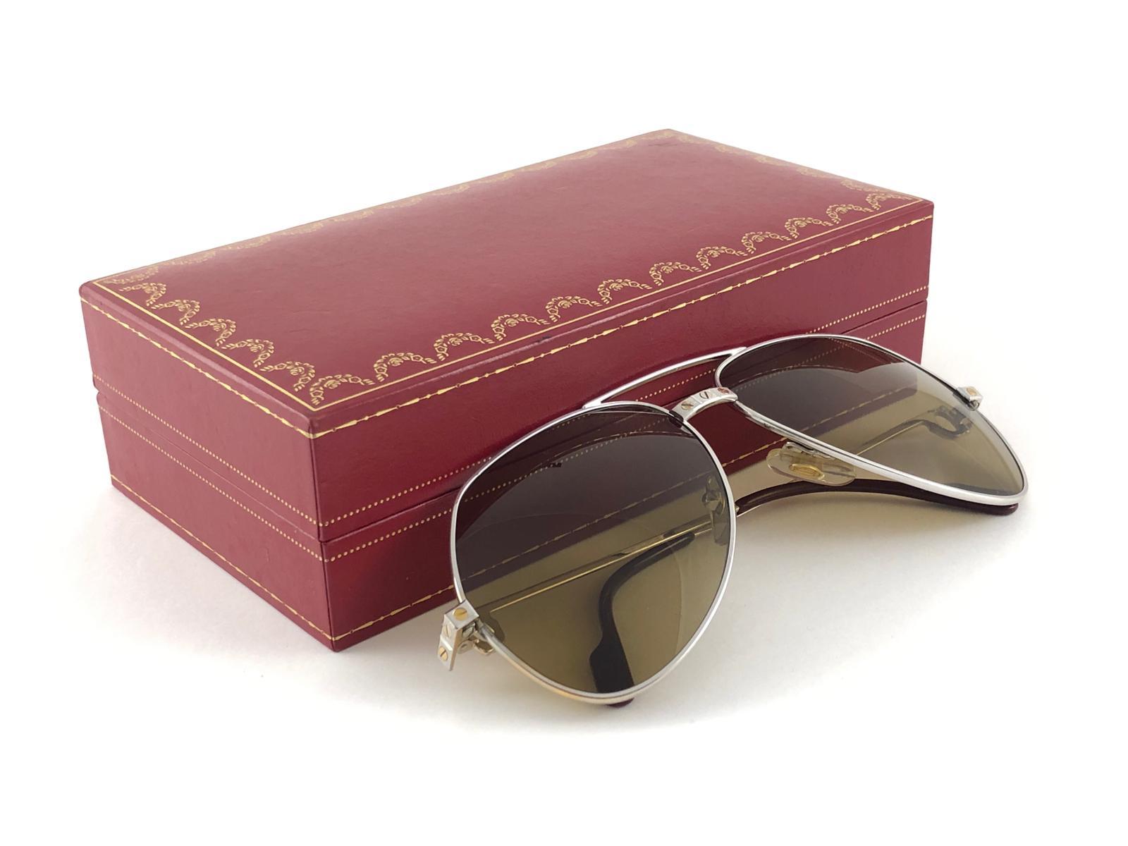 New Cartier Platinum 62mm Santos Gold Mirror Sunglasses France 18k 1983 In New Condition In Baleares, Baleares