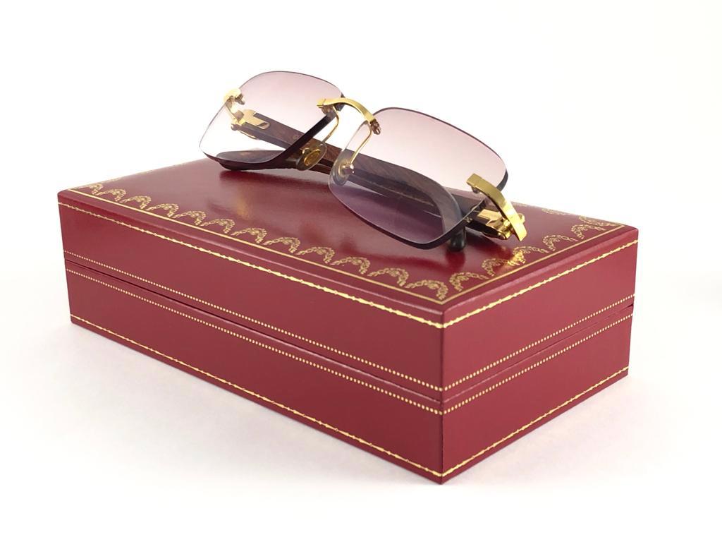 Beige New Cartier Rimless C Decor C Monogram Precious Wood Full Set France Sunglasses