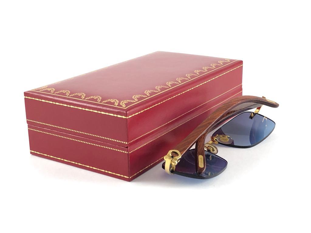 New Cartier Rimless C Decor Classic Precious Wood Full Set France Sunglasses For Sale 5