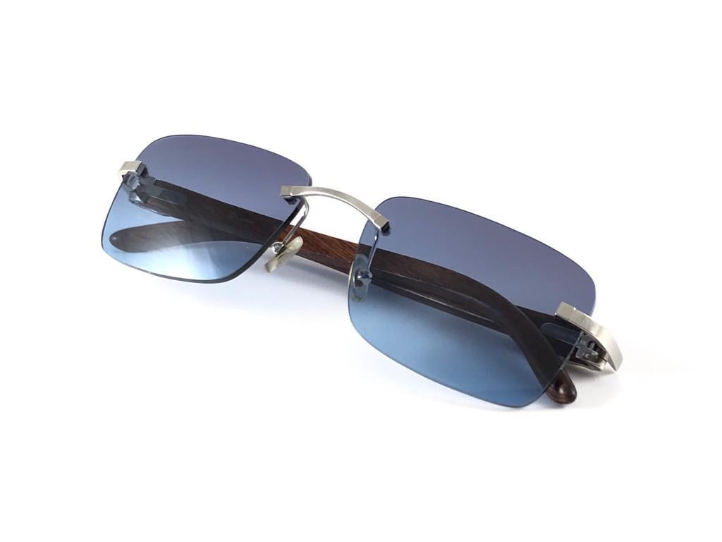 New Cartier Rimless C Decor Classic Precious Wood Full Set France Sunglasses For Sale 6