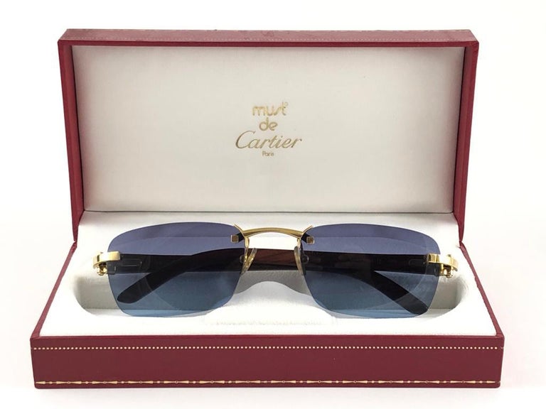 New Cartier Rimless C Decor Classic Precious Wood Full Set France  Sunglasses For Sale at 1stDibs