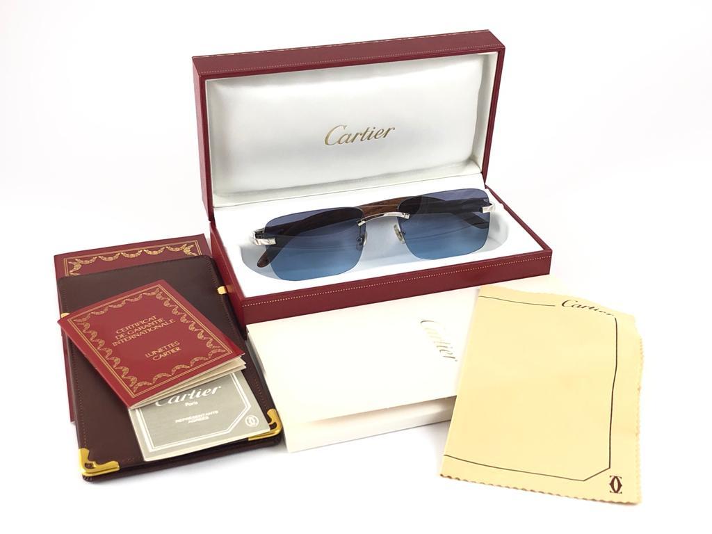 New Cartier Rimless C Decor Classic Precious Wood Full Set France Sunglasses en vente 7
