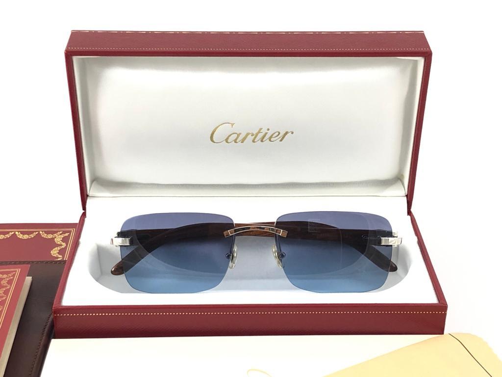 Gray New Cartier Rimless C Decor Classic Precious Wood Full Set France Sunglasses For Sale