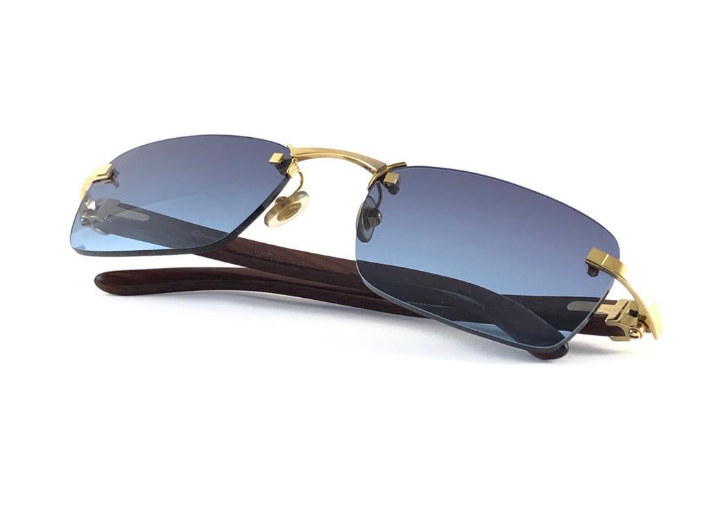 New Cartier Rimless C Decor Classic Precious Wood Full Set France Sunglasses In New Condition For Sale In Baleares, Baleares