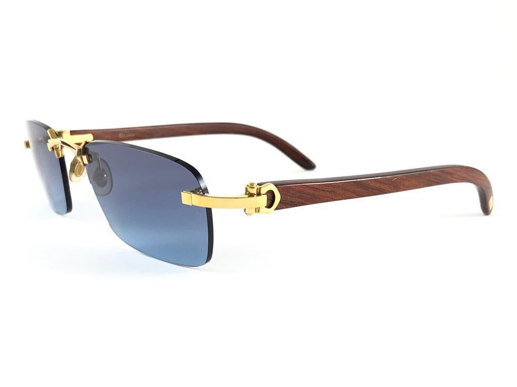 New Cartier Rimless C Decor Classic Precious Wood Full Set France Sunglasses For Sale 1