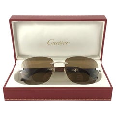 New Cartier Rimless C Decor Monogram Precious Wood Full Set France Sunglasses