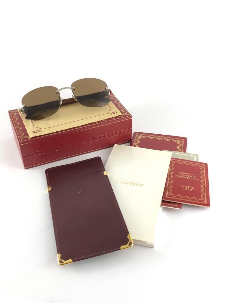 New Cartier Rimless C Decor Monogram Precious Wood Full Set France Sunglasses In New Condition For Sale In Baleares, Baleares