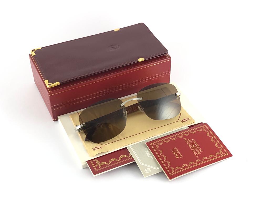 Women's or Men's New Cartier Rimless C Decor Monogram Precious Wood Full Set France Sunglasses For Sale