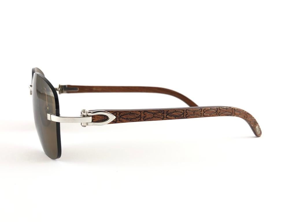 Brown New Cartier Rimless C Decor Monogram Precious Wood Full Set France Sunglasses
