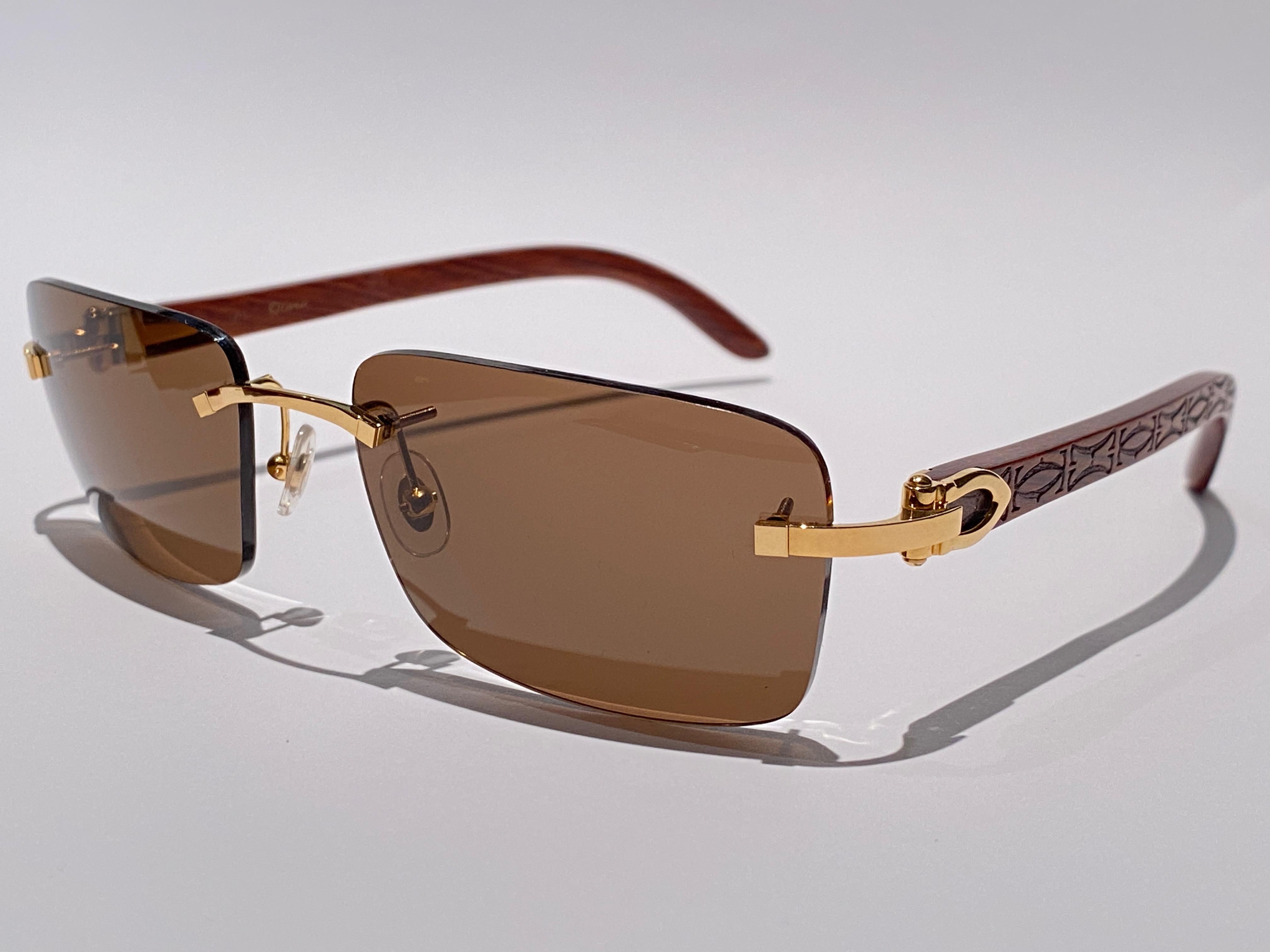 Gray New Cartier Rimless C Decor Monogram Precious Wood Full Set France Sunglasses