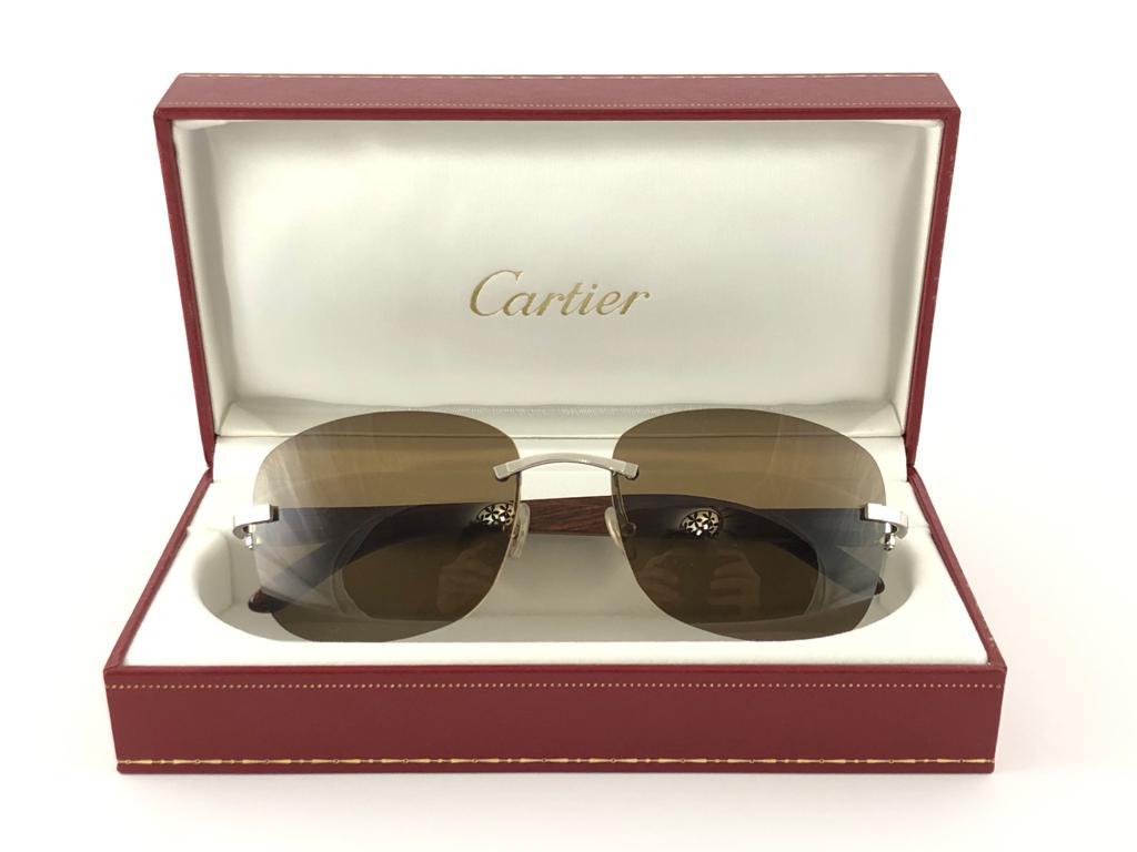 New Cartier Rimless C Decor Monogram Precious Wood Full Set France Sunglasses In New Condition In Baleares, Baleares